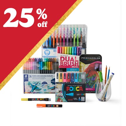 packages of markers and pen sets with 25% off in white text over red triangle