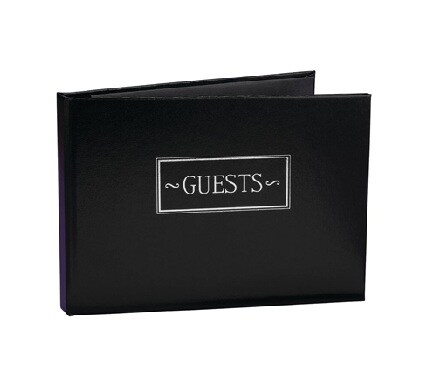 black guest book with "Guests" in silver text on front