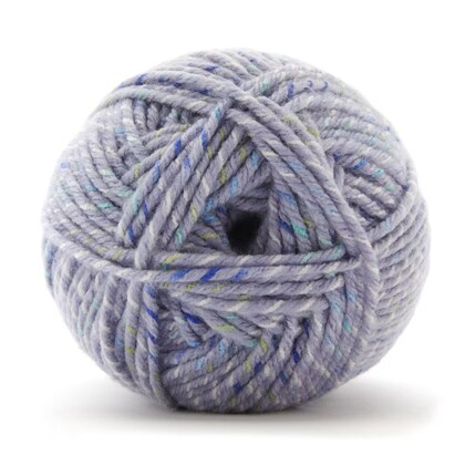 Close-up of a soft lavender-gray yarn ball with blue and green flecks, tightly wound into a round shape on a white background.