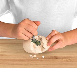 A kid breaking open a rock egg, revealing a small dinosaur figurine