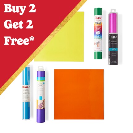 four rolls of craft vinyl with yellow and orange vinyl sheets with Buy 2 Get 2 Free in white text over red triangle