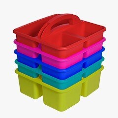 various colored storage caddies for school supplies stacked. 