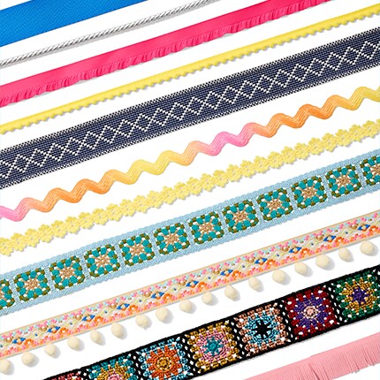 multi-color assorted trim ribbon lined up diagonally