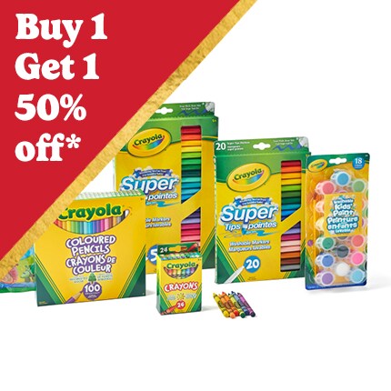 crayola art supplies in packaging with Buy 1 Get 1 50% off in white text over red triangle