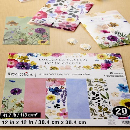 floral vellum recollections paper pad with floral embellishments all sitting on a wooden table 