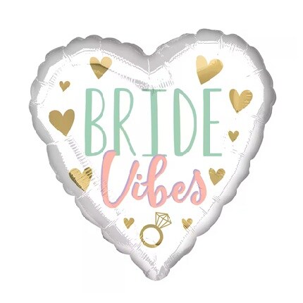 white heart shaped balloon with 'Bride Vibes' text and gold hearts