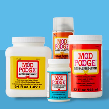 four Mod Podge sealant products on blue background