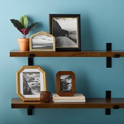 brown floating shelves with gold and black frames and small plant