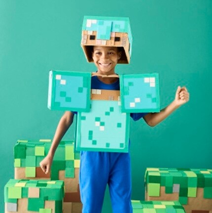 boy in handmade minecraft costume