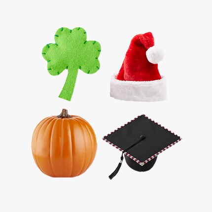 shamrock, pumpkin, santa hat and graduation cap