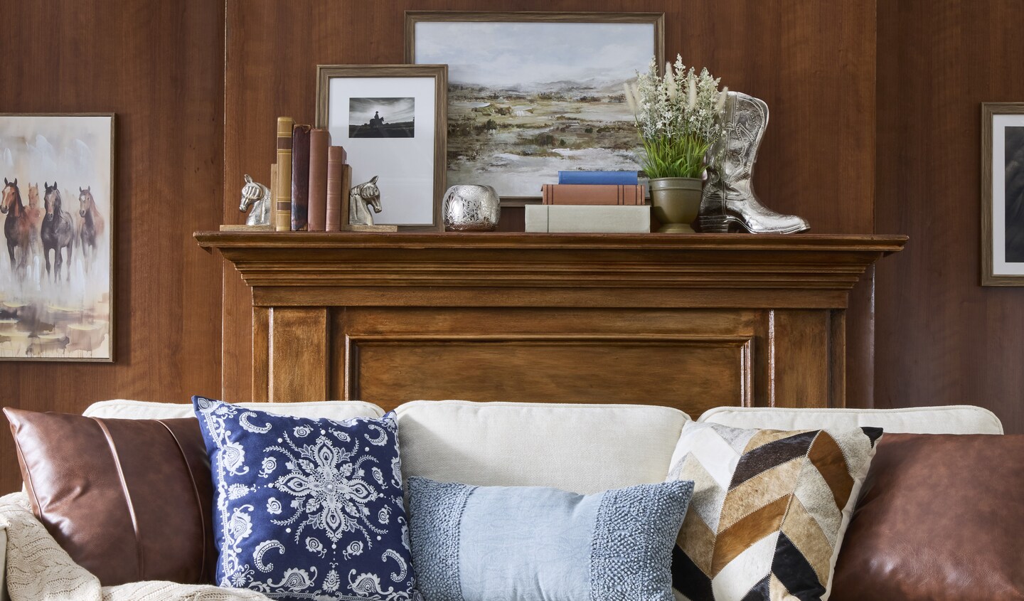 Into the West Décor Collection: Elevated Americana décor in rich finishes like wood, leather and metal. Soft textiles and dreamy Western art.