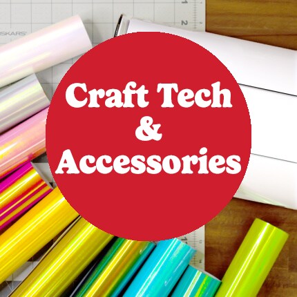 craft tech and accessories in white text in red bubble over craft machine and rolls of vinyl