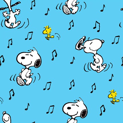 Snoopy and Woodstock dancing on blue background with music notes