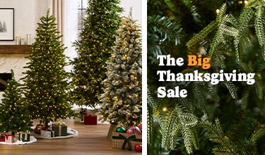 The Big Thanksgiving Sale with images of Christmas trees, Halloween decor, yarn and frames