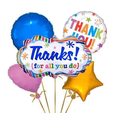 pink heart, gold star, and thank you balloons