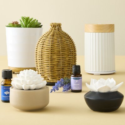 assorted home fragrance products including diffuser, succulent air fresheners, and aromatherapy liquids 