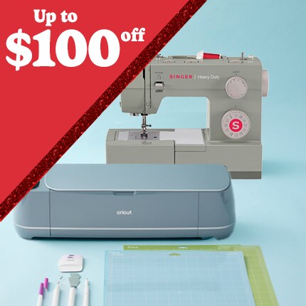 blue cricut machine and gray sewing machine with blue background and red triangle with up to $100 off in white text