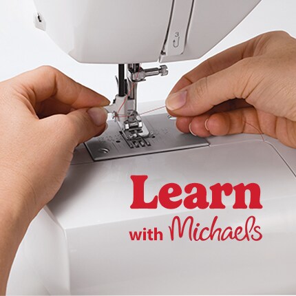 handles threading a sewing machine with learn with michaels logo in red text
