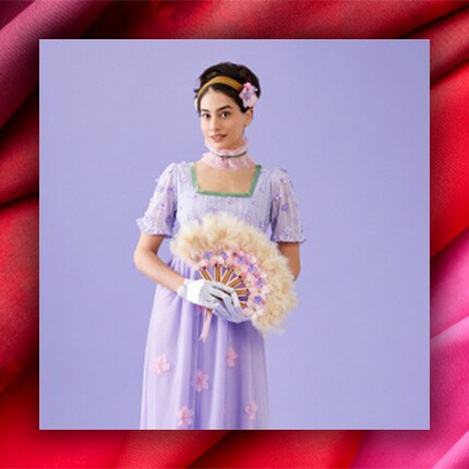 Costume of regency core era, purple and pink