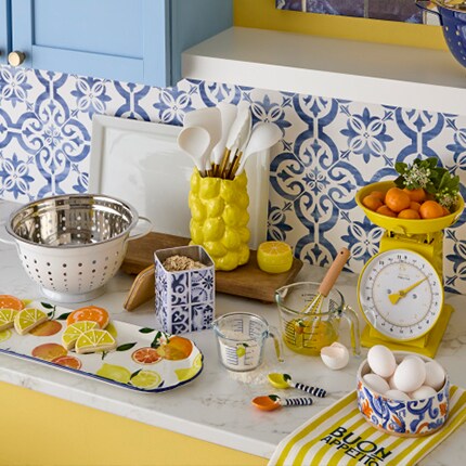 Citrus kitchen utensils with lemon and turquoise accents