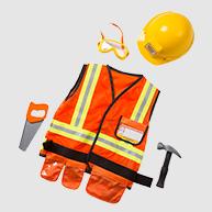 Contruction worker costumer with orange vest, yellow hat, toy hammer, safety goggles, and tool belt