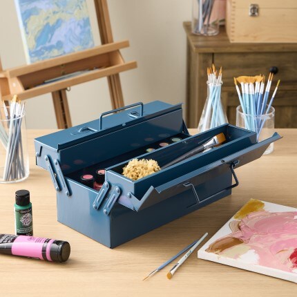 image of blue metal art storage bin