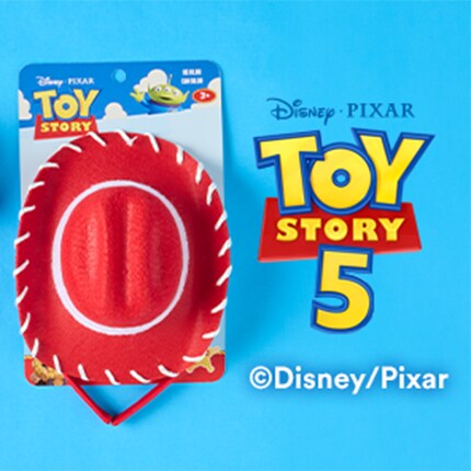 toy story 5 logo with red hat on blue background