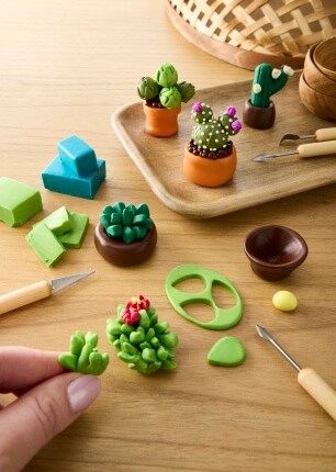 mini succulent figures with clay and tools