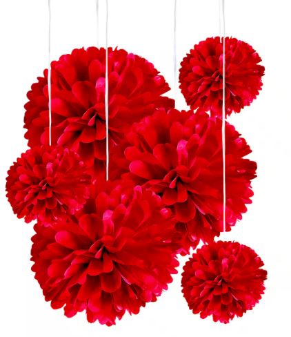 red paper pom poms hanging