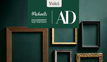 Collage of empty picture frames in wood, gold, black, and ornate styles on dark green, with “Michaels Custom Framing” and AD branding.