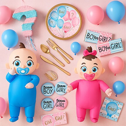 Bridal party decor set on pink background with "BRIDE" balloon letters, an "I do" ring balloon, cups labeled "Getting Drunk" and "Getting Married," plates with "Bride to Be," gold cutlery, and confetti.