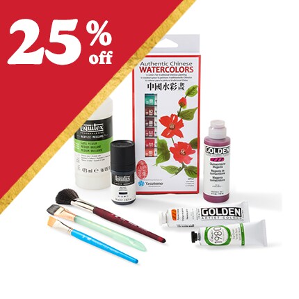 paint brushes, mediums, oil paint and watercolor palette with 25% off in white text over red triangle