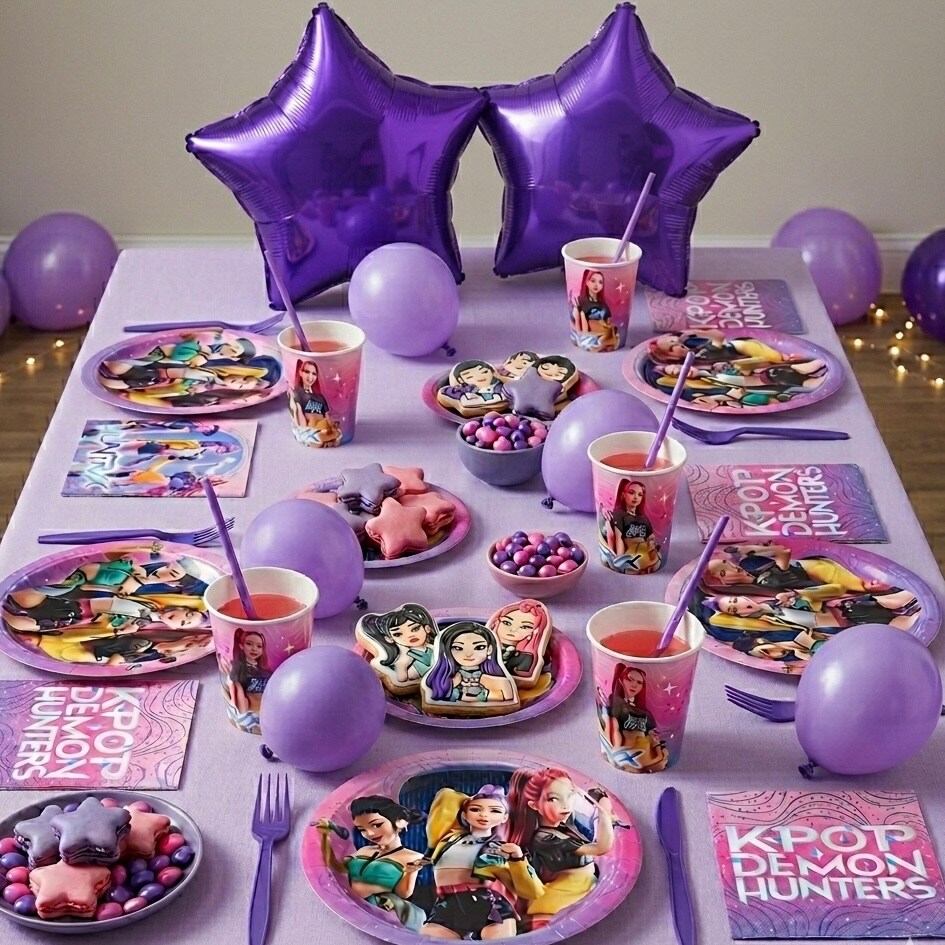 Kpop Demon Hunters party supplies with plates, napkins, and cups