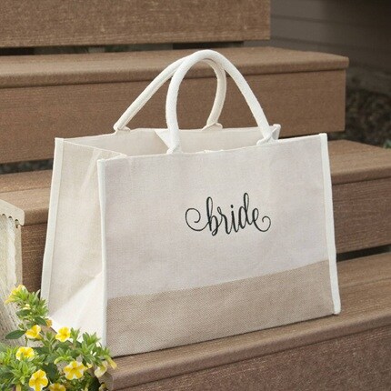 jute tote bag with bride in black script