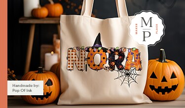 MakerPlace by Michaels Halloween craft collage featuring a vintage “Trick or Treat” sign with witches and ghosts, plus a handmade spooky tote and carved pumpkins.