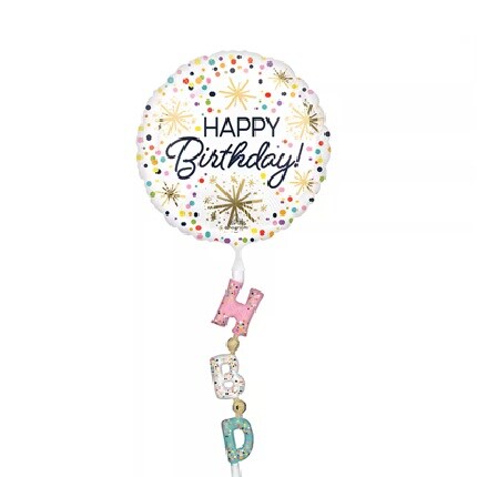 confetti balloon with letters H, B and D on string