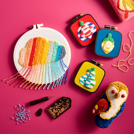 crochet and punch needle kits with pink background