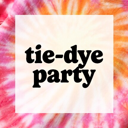 tie-dye party in black letters over tie dye background
