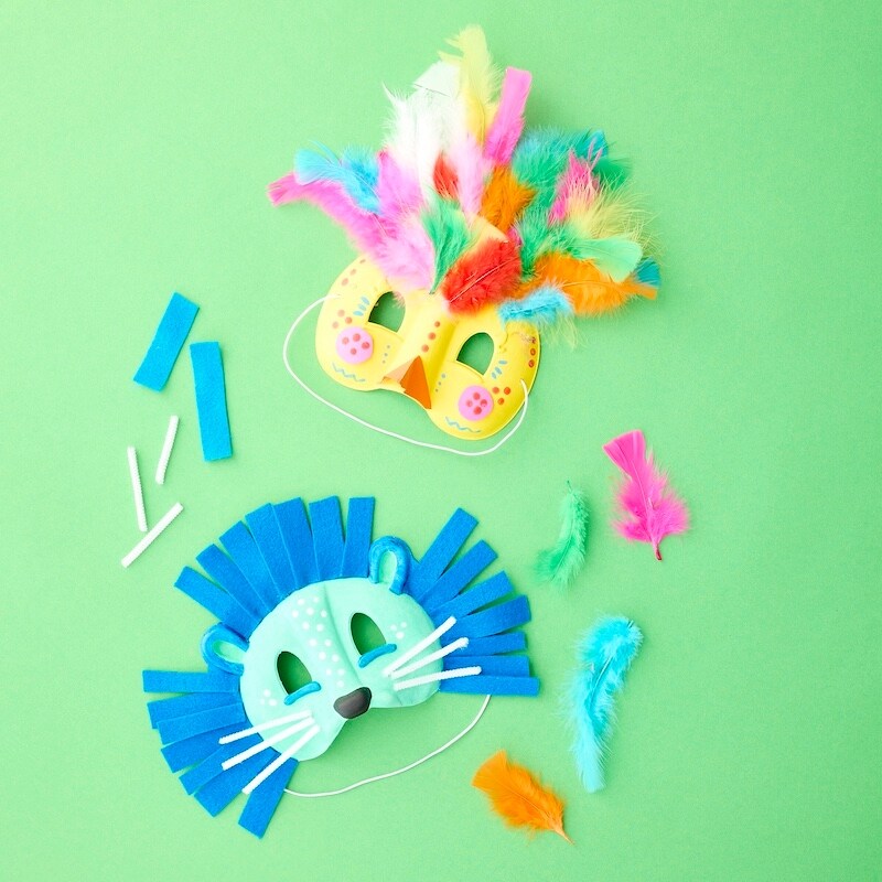 Image of a blue felt lion mask