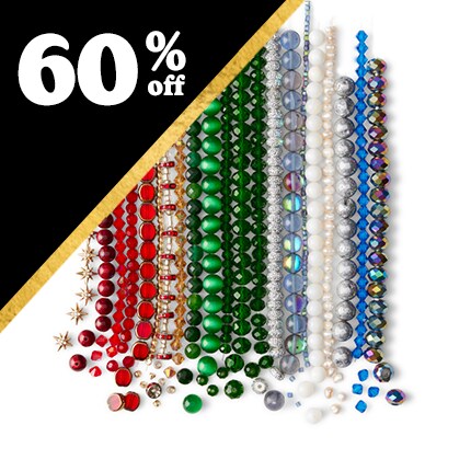 assorted red, green, blue and white beads lined up with 60% Off in white text over black triangle
