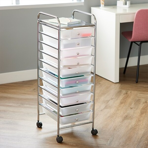 A rolling storage cart with baskets in it.