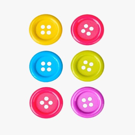 six brightly colored buttons