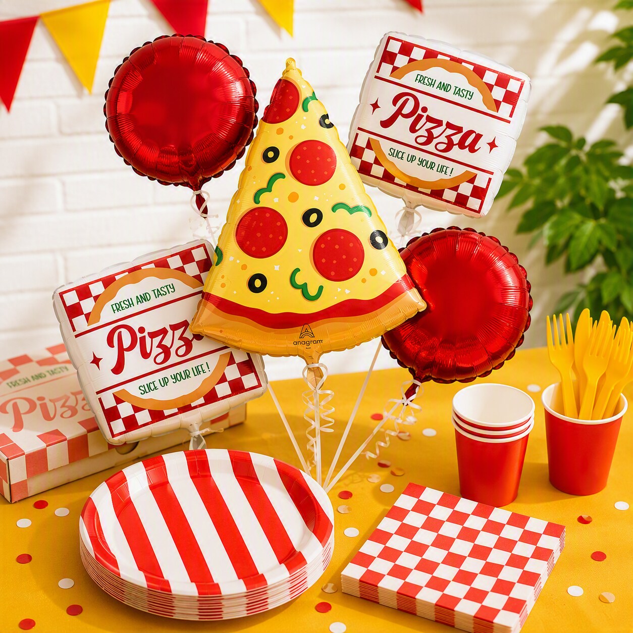 pizza party theme decorations with pizza shaped balloon