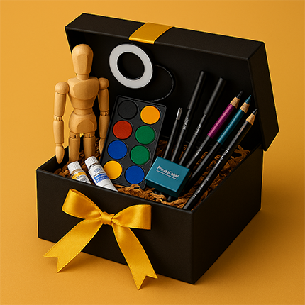 Black and gold gift box with art supplies