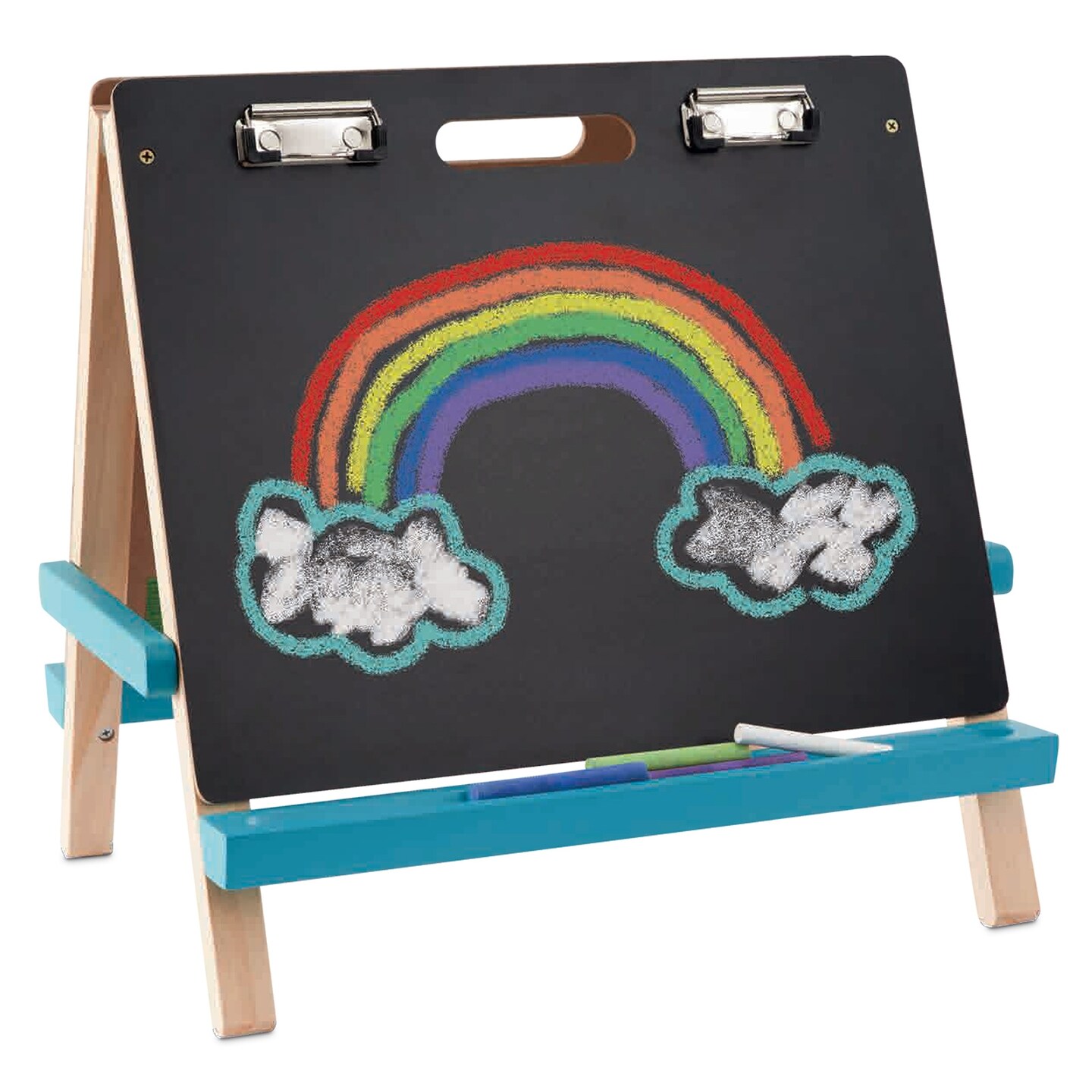chalkboard easel with a rainbow drawn on it.