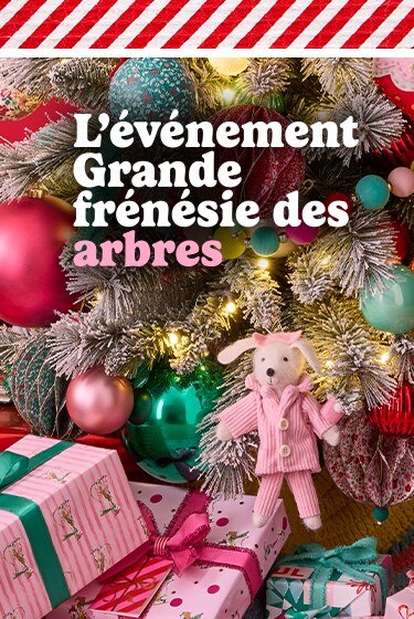 The Great Big Tree Spree on red background with glitter bands and a tree with Up to 50% Off pink bubble