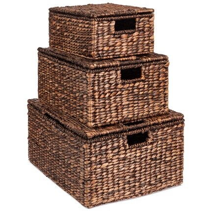 stack of three brown water hyacinth boxes in ascending sizes