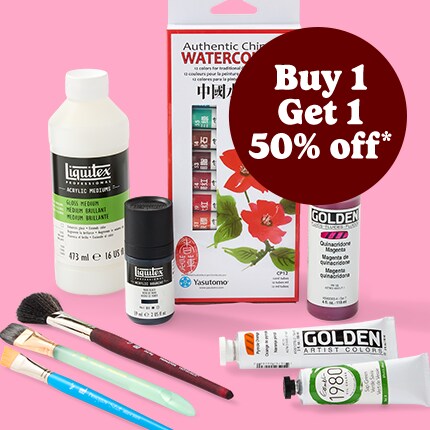 paint brushes, mediums, oil paint and watercolor palette with buy 1 get 1 50% off