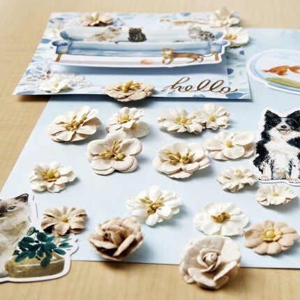 neutral paper flowers on blue poster board