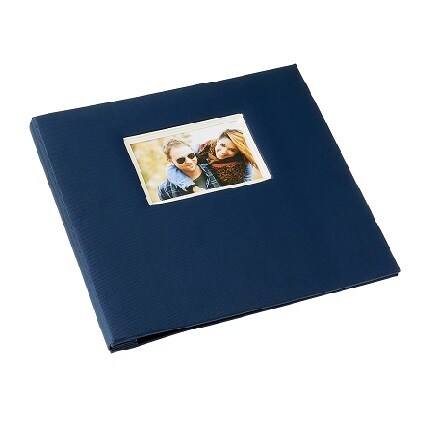 navy photo album with photograph on cover